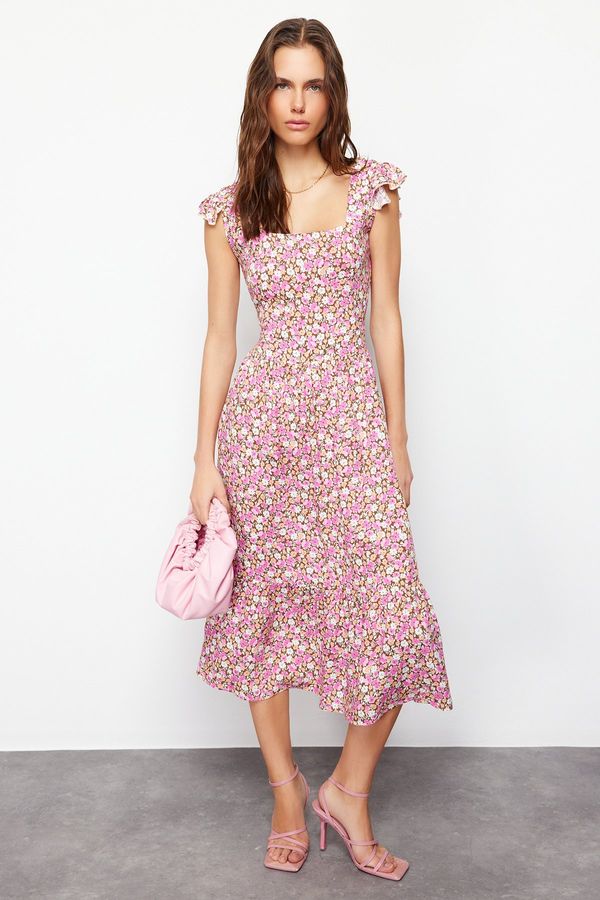 Trendyol Trendyol Lilac Floral Print Square Collar A-line Viscose Midi Woven Dress