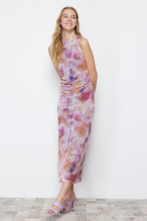 Trendyol Trendyol Lilac Gather/Drape Detailed Abstract Patterned Fitted Maxi Flexible Knitted Pencil Dress