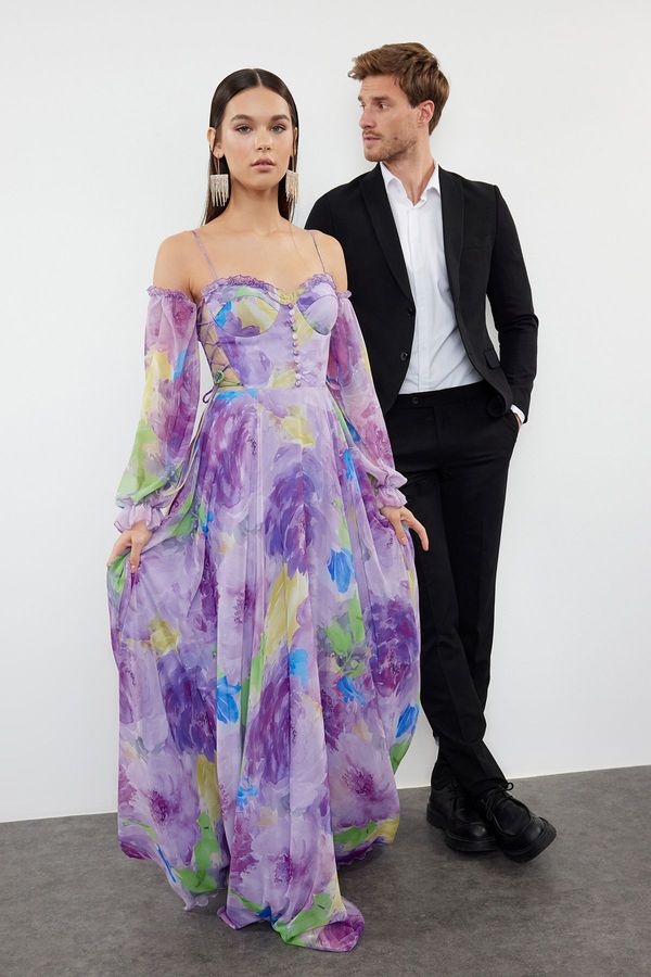 Trendyol Trendyol Lilac-Multicolor A-Line Printed Woven Long Elegant Evening Dress