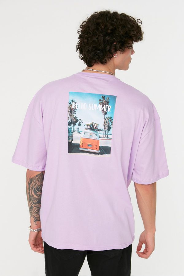 Trendyol Trendyol Lilac Oversize/Wide Cut Crew Neck Short Sleeve Photo Printed 100% Cotton T-Shirt