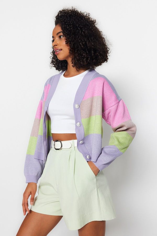 Trendyol Trendyol Lilac Shimmery Thread Color Block Knitwear Cardigan