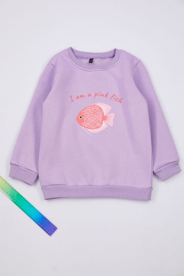 Trendyol Trendyol Lilac Slogan Cotton Knitted Sweatshirt