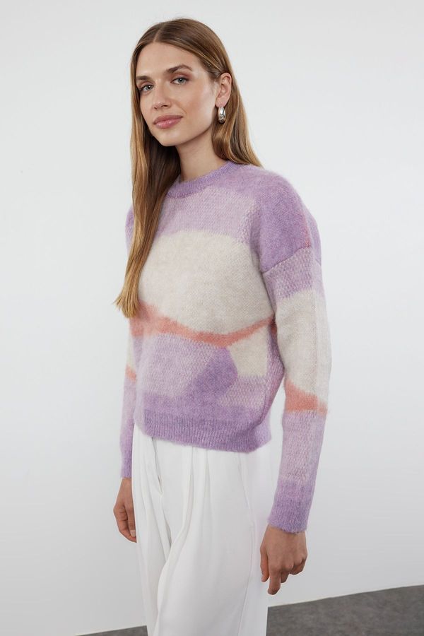 Trendyol Trendyol Lilac Soft Textured Color Blocked Crew Neck Knitwear Sweater