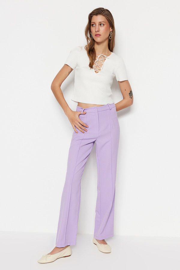 Trendyol Trendyol Lilac Straight High Waist Ribbed Stitched Woven Trousers