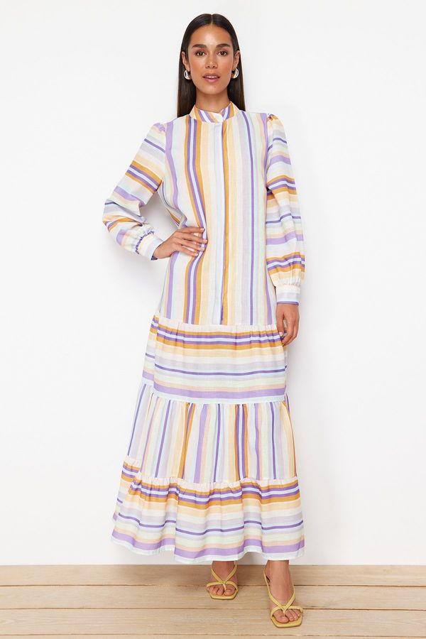 Trendyol Trendyol Lilac Striped Skirt Ruffled Linen Look Woven Dress