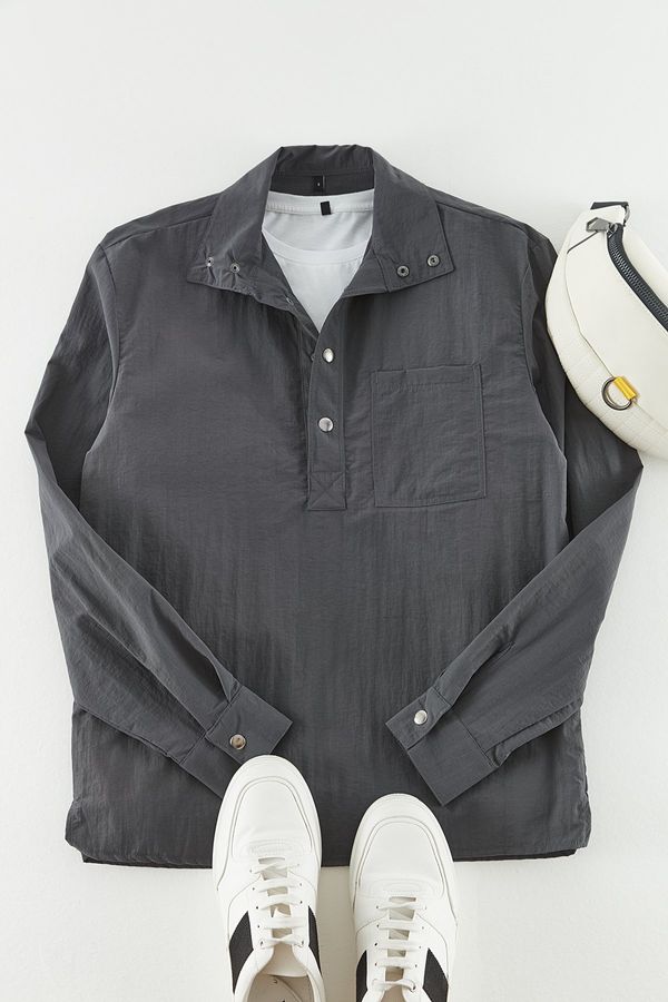 Trendyol Trendyol Limited Edition Anthracite Relaxed Fit Half Placket Parachute Tech Fabric Shirt