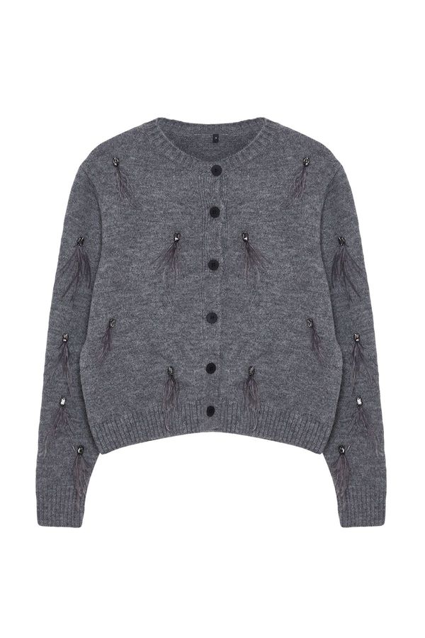 Trendyol Trendyol Limited Edition Anthracite Stone and Feather Detailed Knitwear Cardigan