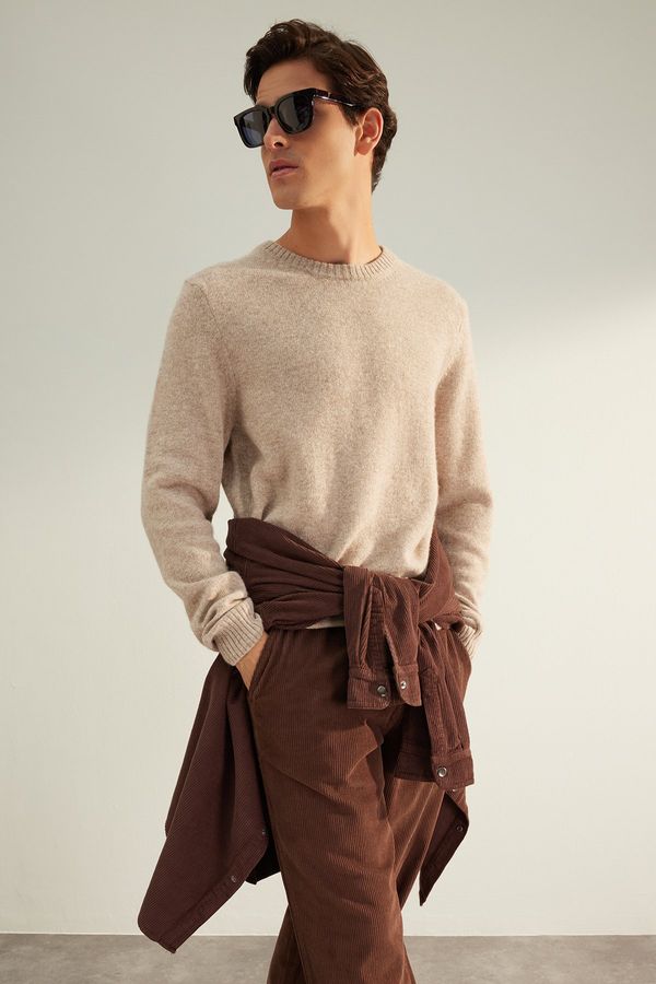 Trendyol Trendyol Limited Edition Beige Regular Fit Crew Neck Wool Basic Knitwear Sweater