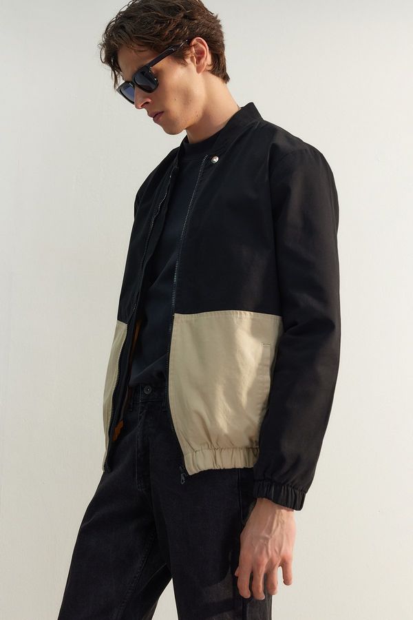 Trendyol Trendyol Limited Edition Black Bomber Big Collar Long Sleeve Color Block Double Pocket Jacket