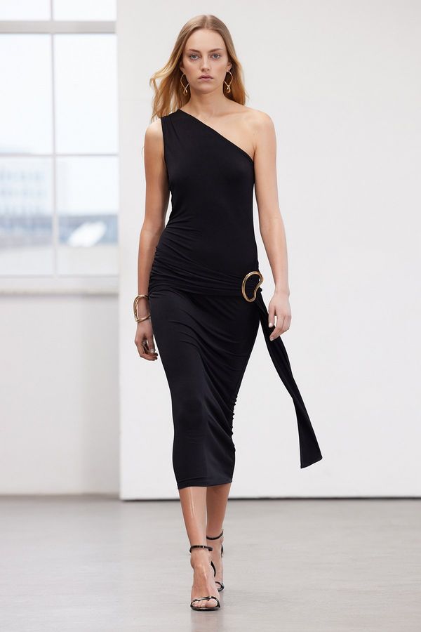 Trendyol Trendyol Limited Edition Black Maxi Flexible Knitted Pencil Dress with Accessory Detail