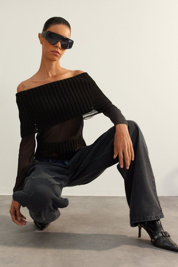 Trendyol Trendyol Limited Edition Black Sheer Carmen Collar Knitwear Sweater
