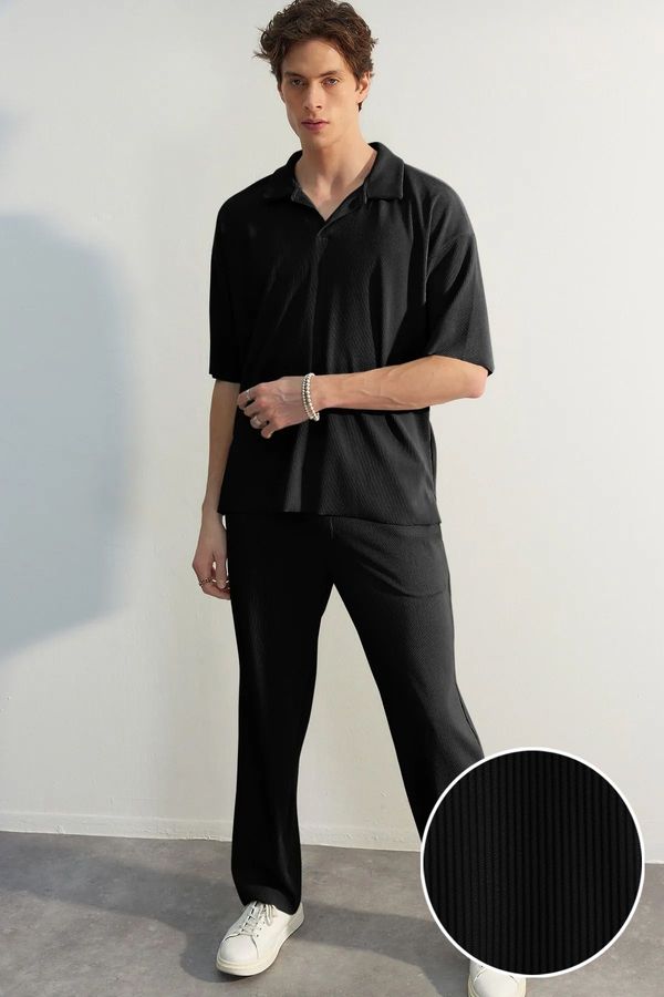 Trendyol Trendyol Limited Edition Black / Wide Leg Textured Wrinkle-Free Hidden Drawstring One Piece Sweatpants