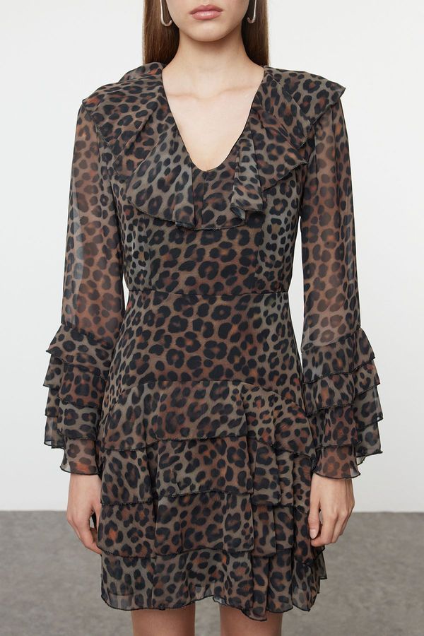 Trendyol Trendyol Limited Edition Brown Leopard Mini Chiffon Woven Dress with Flounce Skirt