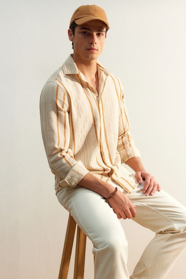 Trendyol Trendyol Limited Edition Camel Regular Fit Striped Linen Textured Shirt