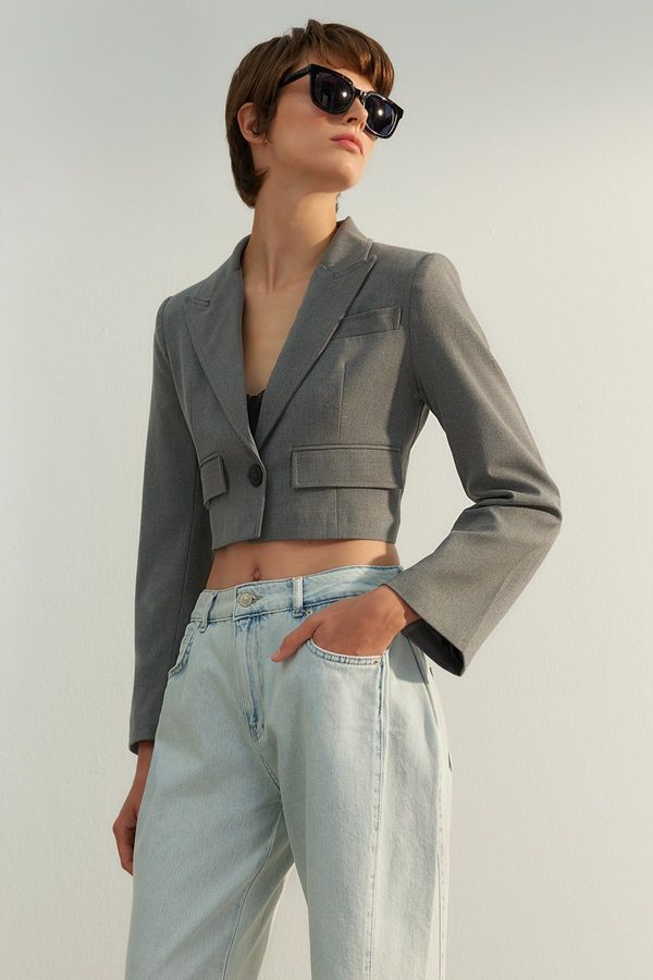 Trendyol Trendyol Limited Edition Grey Crop Woven Blazer Jacket