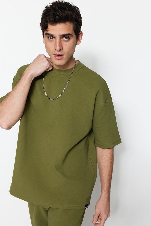 Trendyol Trendyol Limited Edition Khaki Oversize 100% Cotton Labeled Textured Basic Thick T-Shirt