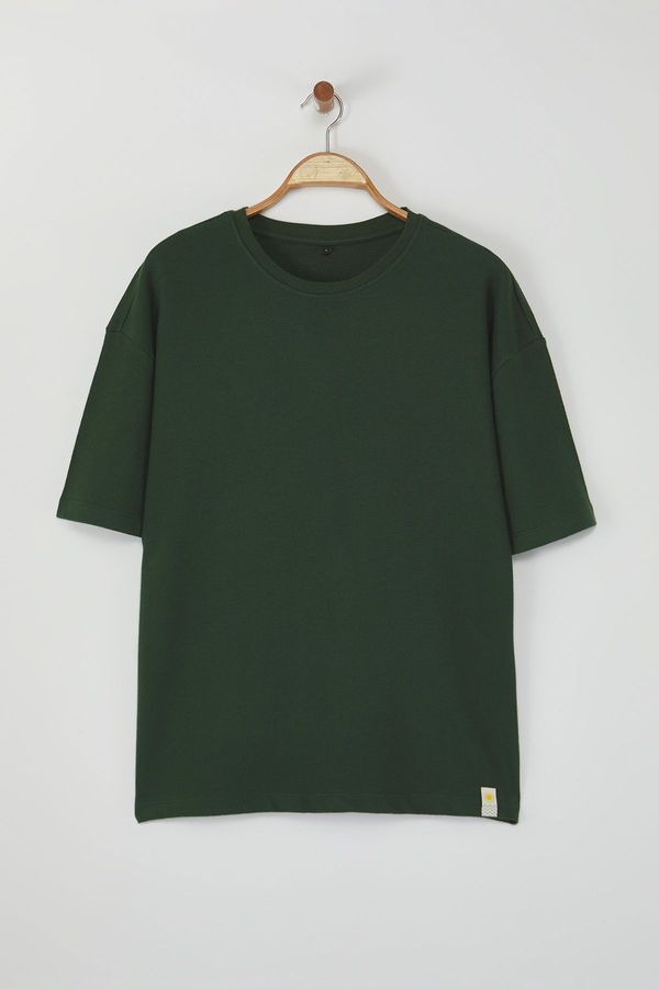 Trendyol Trendyol Limited Edition Khaki Oversize/Wide Cut Label Embroidered Textured T-shirt