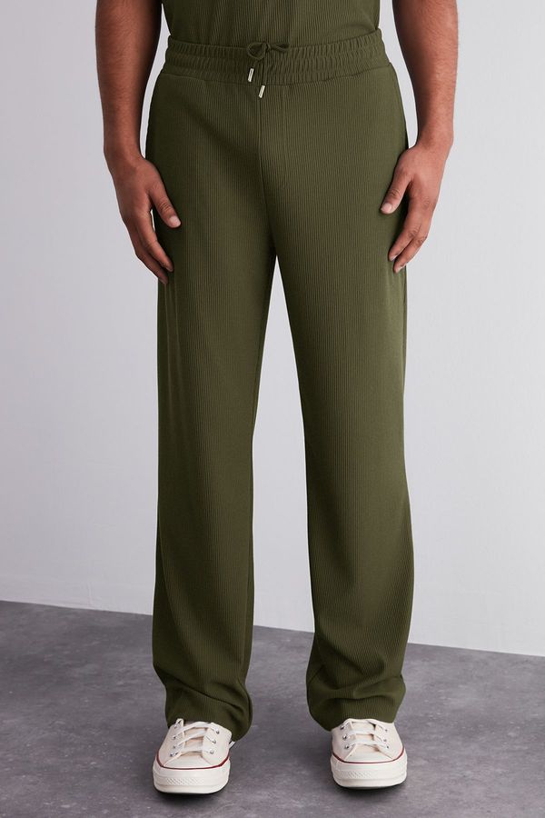 Trendyol Trendyol Limited Edition Khaki Wide Leg Textured Wrinkle-Resistant Hidden Drawstring One Piece Sweatpants