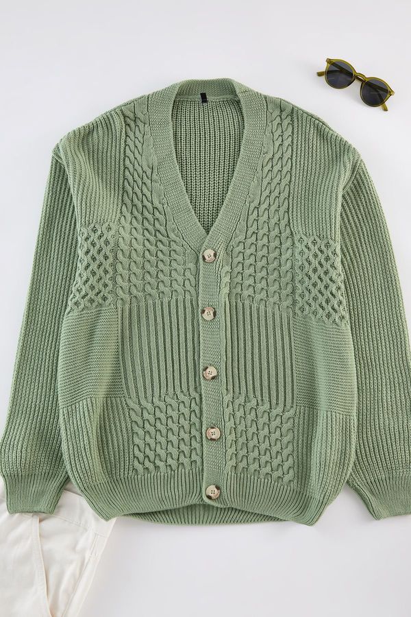 Trendyol Trendyol Limited Edition Mint FL Men's Regular V Neck Hair Knit Sweater Cardigan