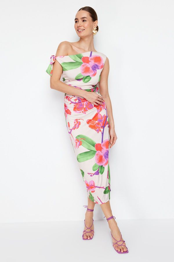 Trendyol Trendyol Limited Edition Multicolor Fitted/Fitting Flower Printed Knitted Maxi Flexible Dress