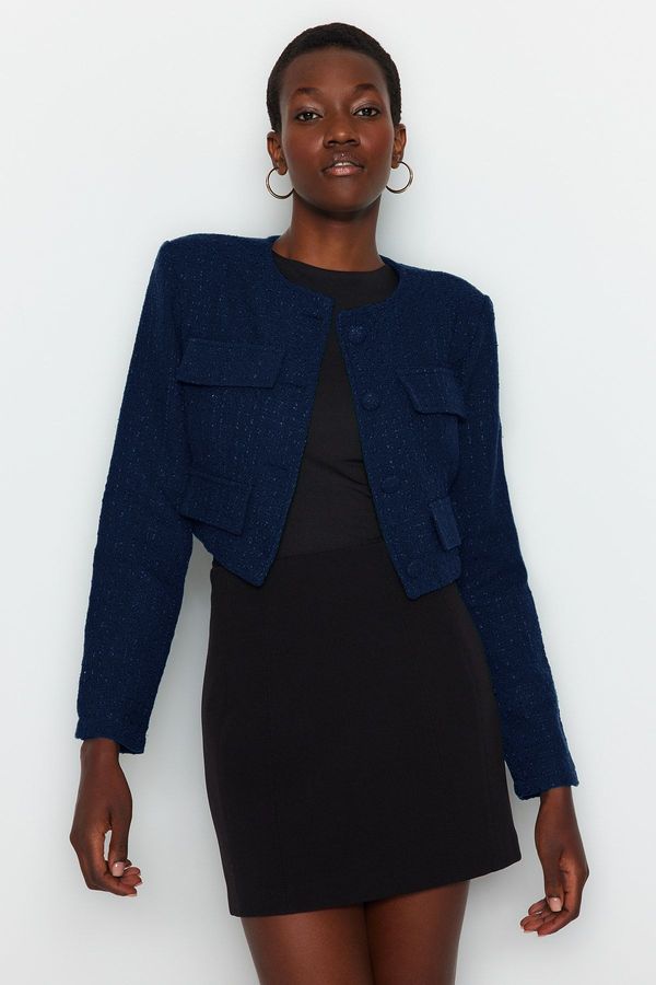 Trendyol Trendyol Limited Edition Navy Blue Tweed Crop Woven Jacket