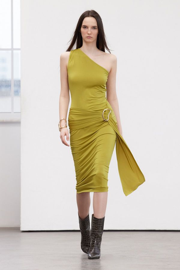Trendyol Trendyol Limited Edition Oil Green Maxi Flexible Knitted Pencil Dress with Accessory Detail