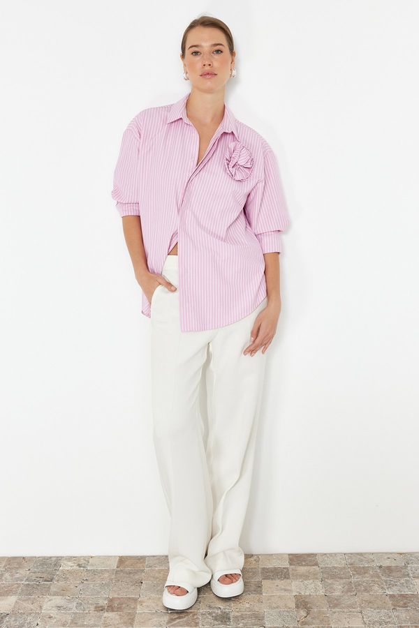 Trendyol Trendyol Limited Edition Pink Oversize Striped Rose Detailed Woven Shirt