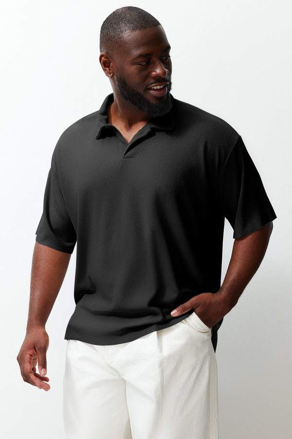 Trendyol Trendyol Limited Edition Plus Size Black Men's Oversize Textured Ottoman Polo Neck T-Shirt