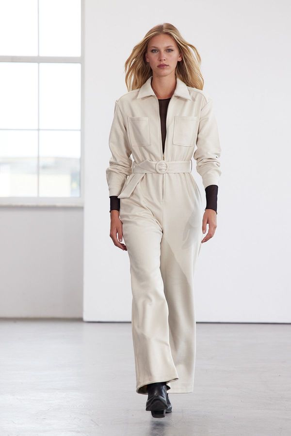 Trendyol Trendyol Limited Edition Stone Belted Pocket Detailed Suede Jumpsuit