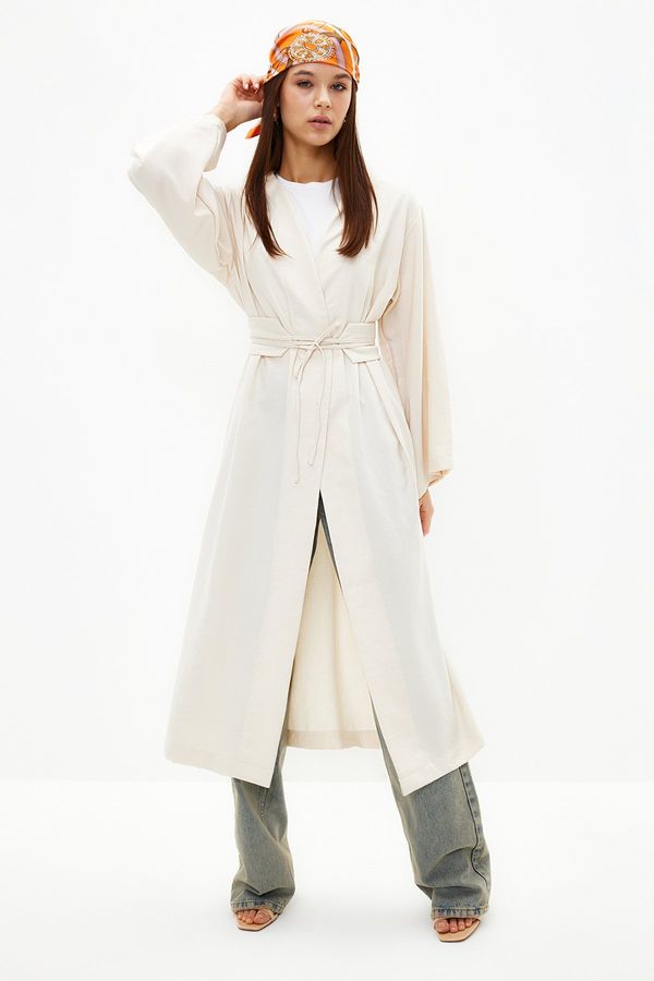 Trendyol Trendyol Linen Look Woven Kimono & Kaftan with Stone Waist Tie Detail