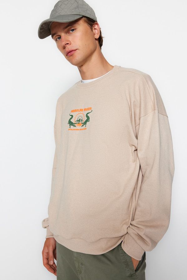 Trendyol Trendyol Men's Beige Oversize/Wide-Fit Animal Print Fleece Inner Sweatshirt