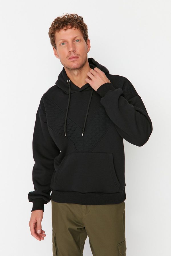 Trendyol Trendyol Men's Black Oversize Fit Long Sleeve Hooded Paneled Sweatshirt with Detail