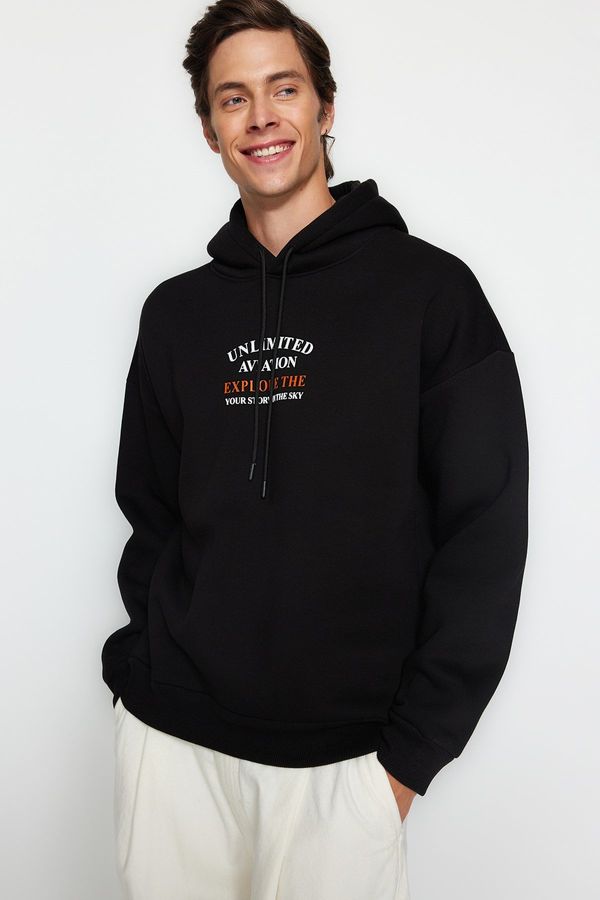 Trendyol Trendyol Men's Black Oversize/Wide-Fit Fluffy Text Print Cotton Sweatshirt