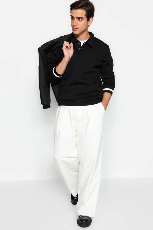 Trendyol Trendyol Men's Black Oversize/Wide-Fit Polo Neck Sleeve Striped Thick Fleece Sweatshirt