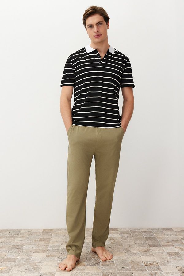 Trendyol Trendyol Men's Black Regular Fit Striped Polo Neck Knitted Pajama Set