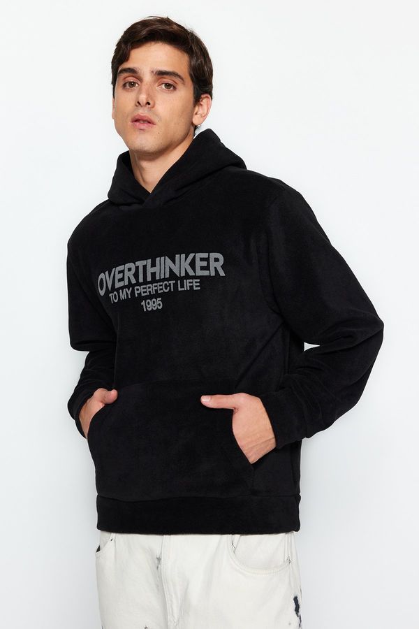 Trendyol Trendyol Men's Black Regular/Normal Fit Hooded Text Printed Warm Thick Fleece/Plush Sweatshirt