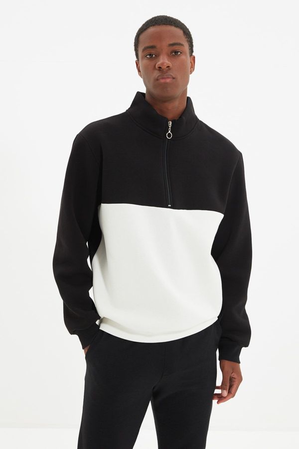 Trendyol Trendyol Men's Black Regular/Real Fit Color Block Zipper Fleece Inner Cotton Sweatshirt