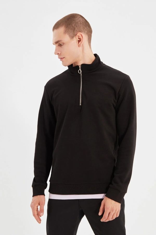 Trendyol Trendyol Men's Black Regular/Real Fit High Neck Zipper Detail Basic Cotton Sweatshirt