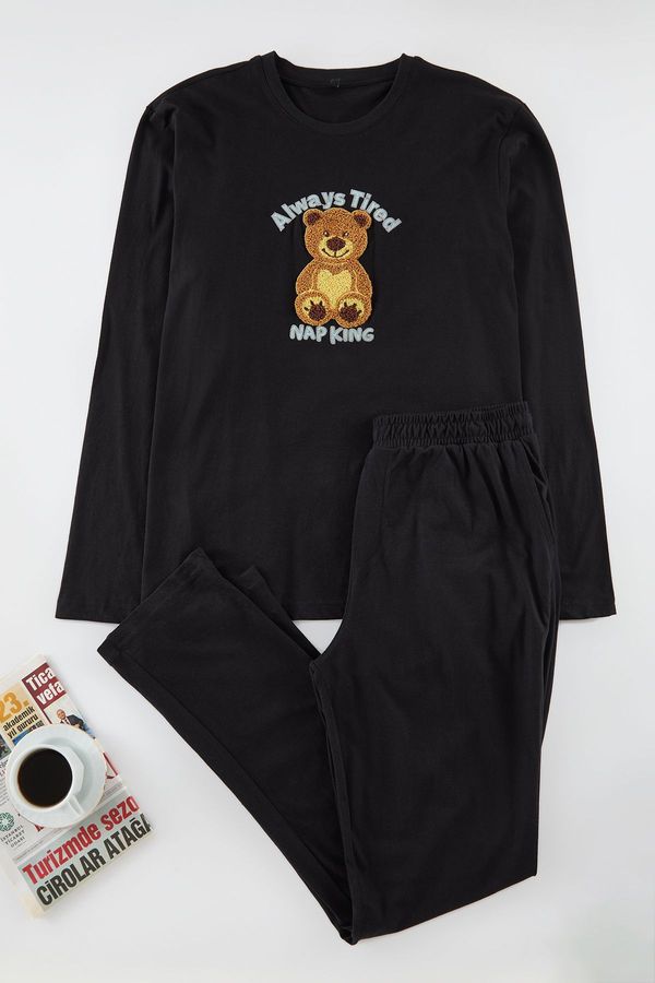 Trendyol Trendyol Men's Black Teddy Bear Embroidered Regular Fit Knitted Pajama Set