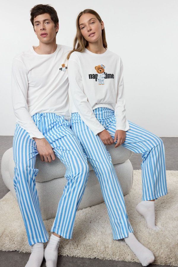 Trendyol Trendyol Men's Ecru Regular Fit Striped Couple/Double Knitted 100% Cotton Pajama Set