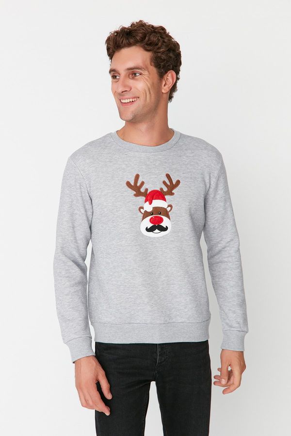 Trendyol Trendyol Men's Gray Melange Regular Fit Christmas Printed Thick Fleece Sweatshirt