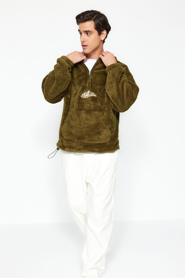 Trendyol Trendyol Men's Khaki Oversize/Wide-Fit Zippered Hooded Mountain Embroidered Pocket Fleece/Plush Sweatshirt