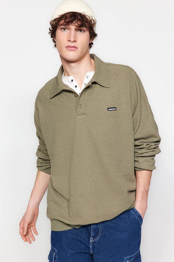 Trendyol Trendyol Men's Light Khaki Oversize/Wide-Fit Label Long Sleeve Textured Cotton Polo Neck Sweatshirt