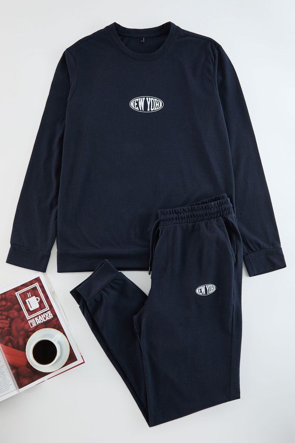 Trendyol Trendyol Men's Navy Blue Regular Fit Printed Knitted Pajama Set