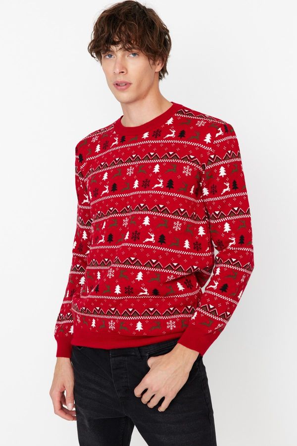 Trendyol Trendyol Men's Red Regular Fit Crew Neck Christmas Jacquard Knitwear Sweater