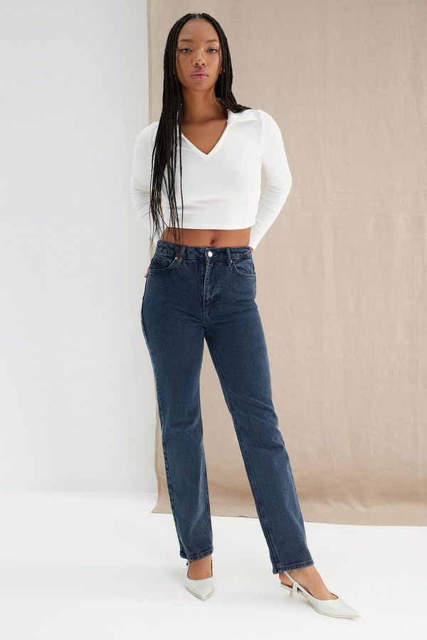 Trendyol Trendyol Midnight Blue More Sustainable High Waist Long Comfort Straight Jeans