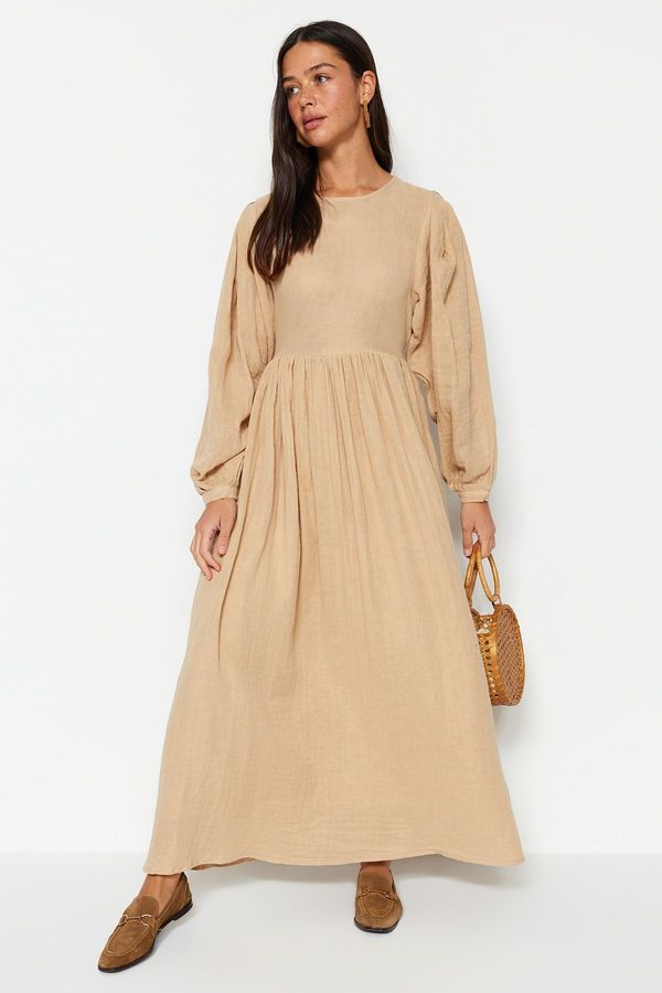 Trendyol Trendyol Mink Belted Comfort Fit Lined Muslin 100% Cotton Woven Dress
