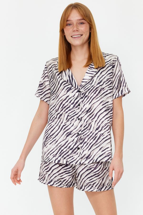 Trendyol Trendyol Mink-Black Zebra Patterned Satin Shirt-Shorts Woven Pajama Set
