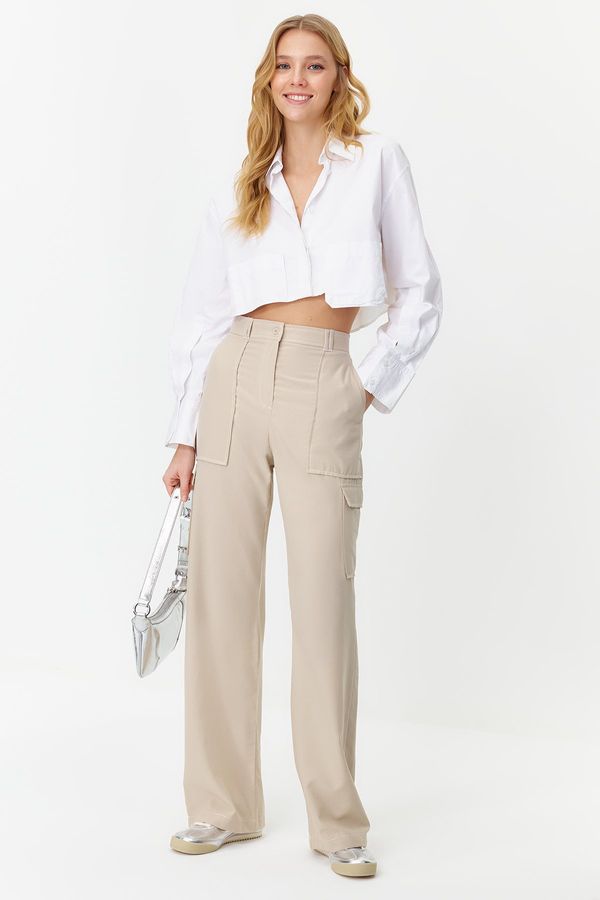 Trendyol Trendyol Mink Cargo Wide Leg Contrast Stitch Detail Woven Trousers