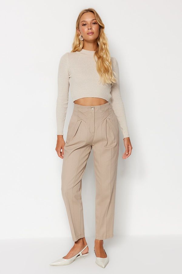 Trendyol Trendyol Mink Cotton Carrot Pattern Stripe Detailed Woven Trousers